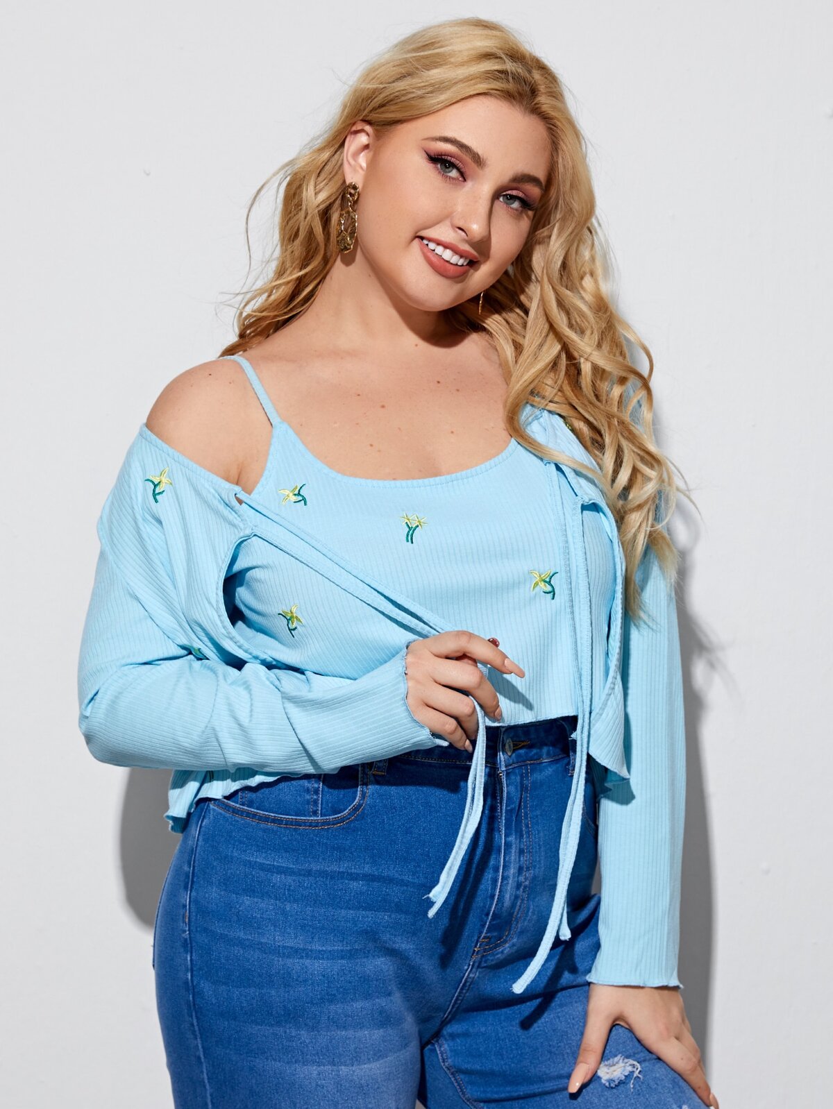Plus Flower Embroidered Cami Top & Tie Front Top