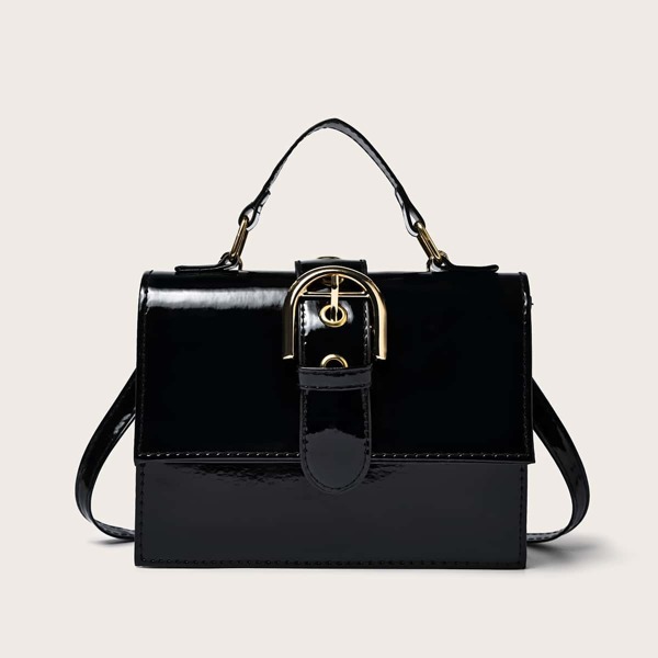 Top Handle Flap Satchel Bag, Black