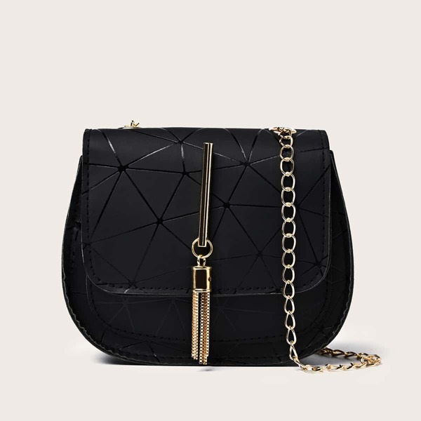 Metal Tassel Decor Saddle Bag, Black