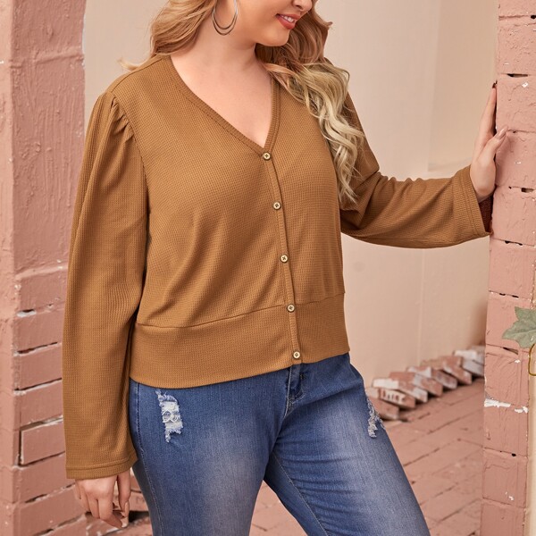 Plus Button Through Waffle Knit Top, Khaki