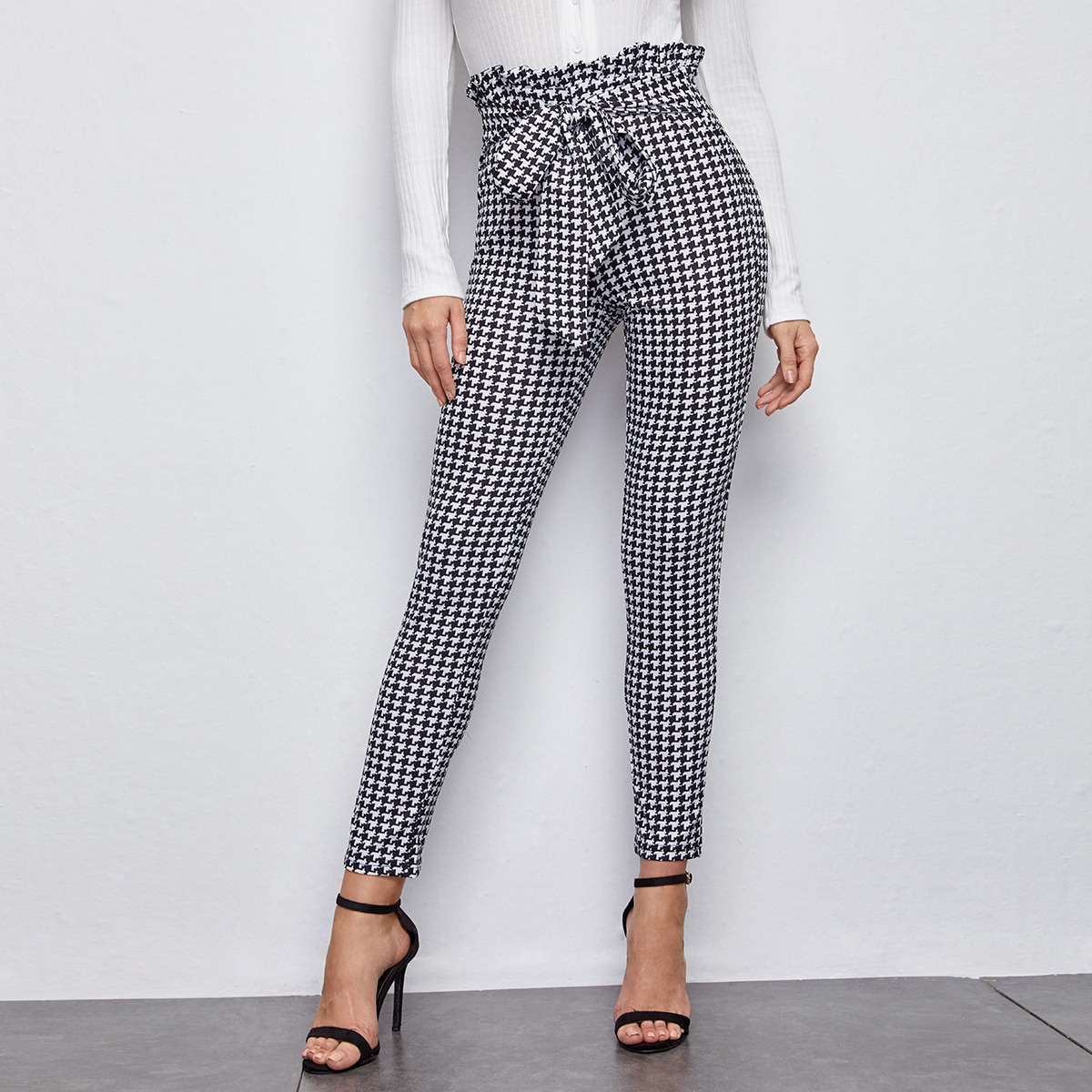 Pantalones Lazo delantero Pata de Gallo Casual Pantalones Lazo delantero Pata de Gallo Casual