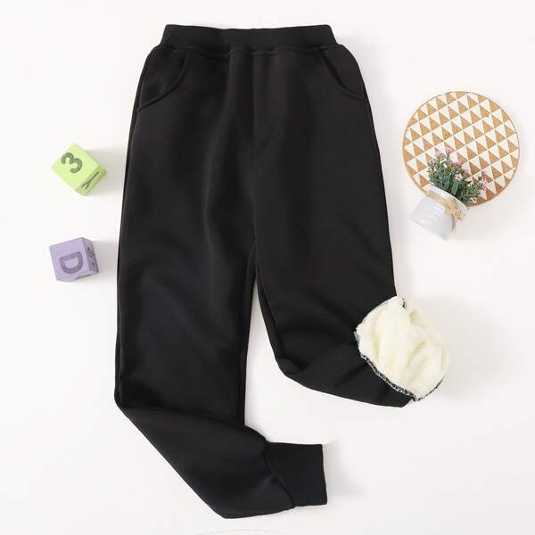 Boys Shearling Lined Pants, Black