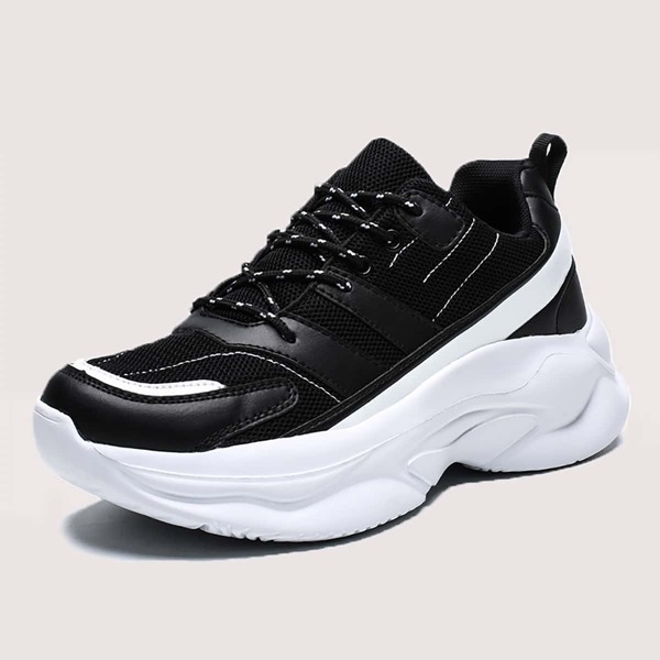 Men Lace-up Front Chunky Sneakers, Black