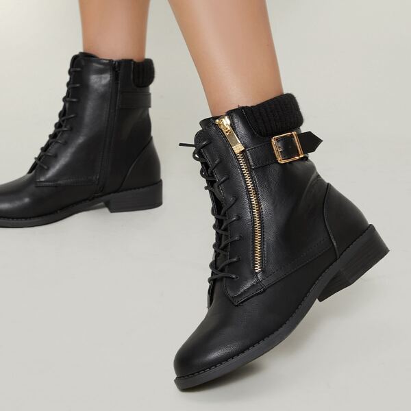 Faux Leather Gold Buckle Accent Combat Boots, Black