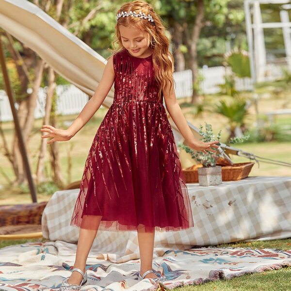 Girls Zip Back Sequin Mesh Prom Dress, Burgundy