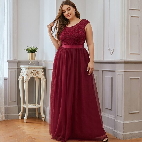Plus Lace Bodice Mesh Prom Dress, Burgundy