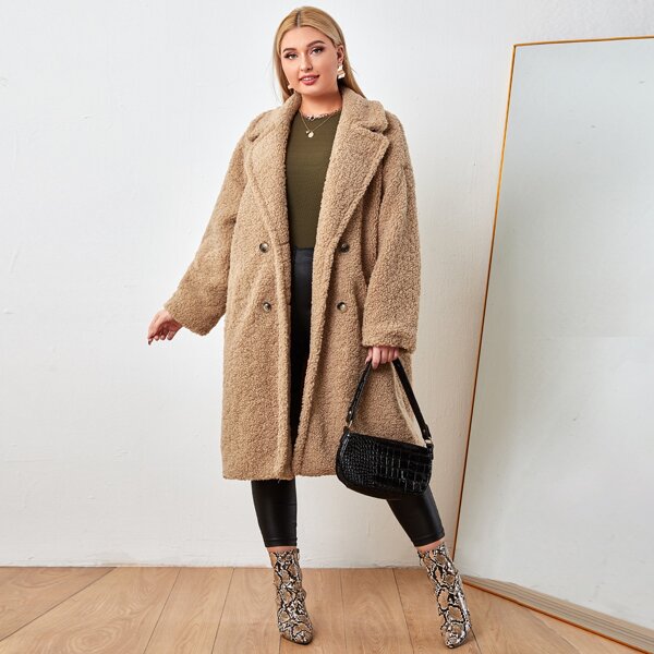 Plus Double Breasted Teddy Coat, Brown