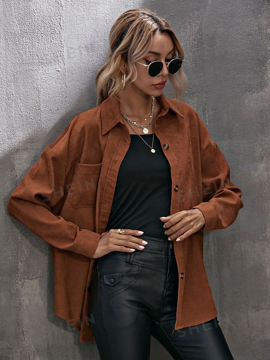 SHEIN LUNE Blusa de pana con dobladillo curvo y hombros caídos, manga larga