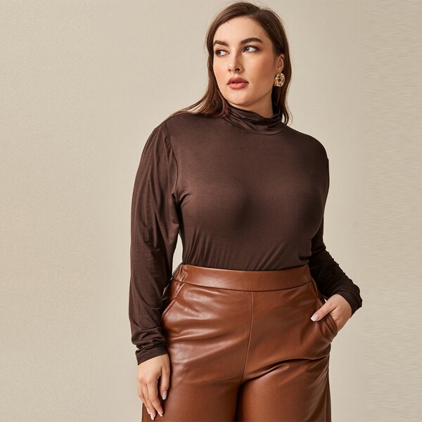 Plus Solid High Neck Tee, Chocolate brown