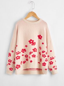 Girls Drop Shoulder High Low Floral Sweater Icon
