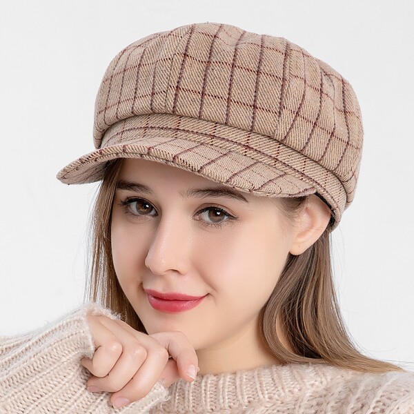 Plaid Baker Boy Cap, Khaki