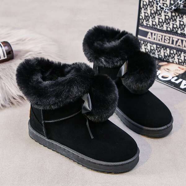 Pom-pom Decor Warm Ankle Boots, Black