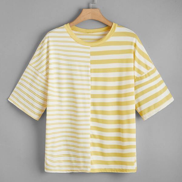 Полосатый Повседневный Футболка размера плюс, Мягко жёлтые 
Полосатый Повседневный Футболка размера плюс, Мягко жёлтые
