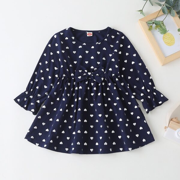 Baby Girl Heart Print Bow Front Dress, Navy blue