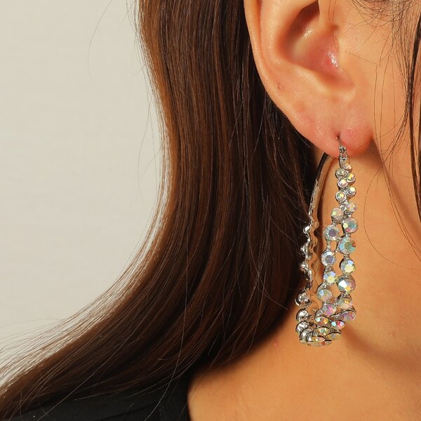 Rhinestone Decor Hoop Earrings, Silver