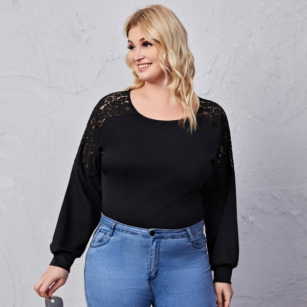 Plus Contrast Lace Solid Tee, Black