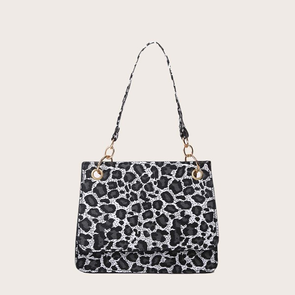 Leopard Print Flap Shoulder Bag, Grey