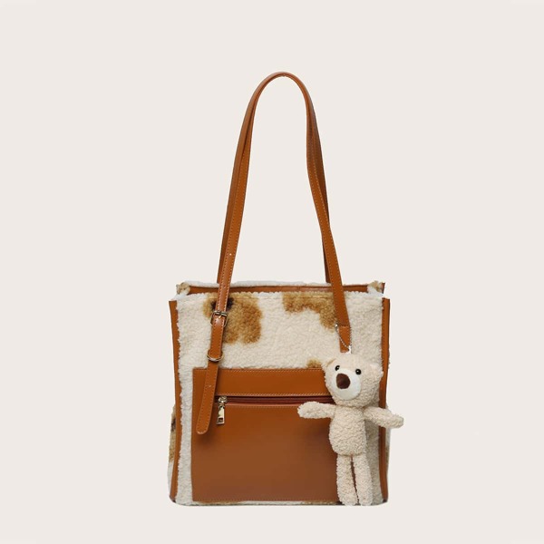 Cartoon Bear Graphic Fluffy Tote Bag, Brown