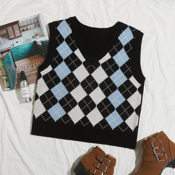 V Neck Argyle Sweater Vest, Multicolor