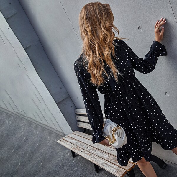 Tie Neck Heart Print Ruffle Hem Dress, Black