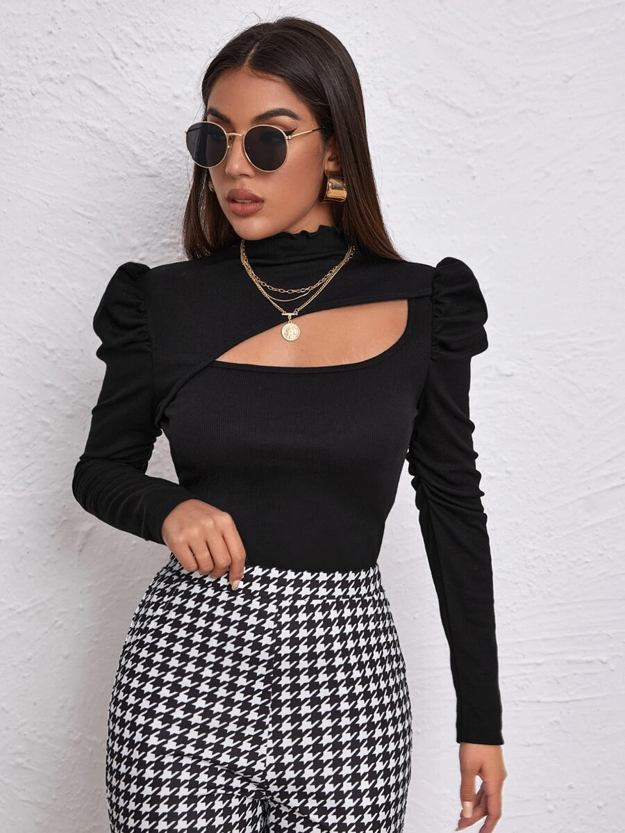 SHEIN Privé Asymmetrical Neck Leg-of-mutton Sleeve Slim Tee