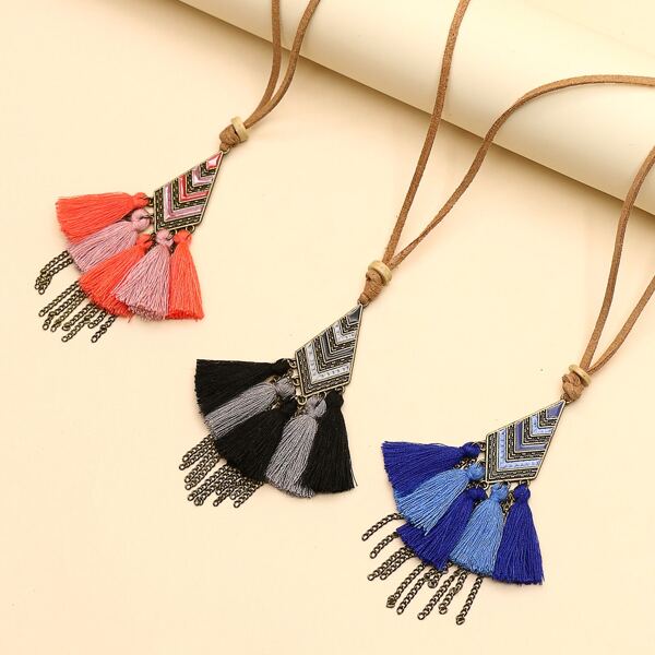 3pcs Tassel Charm Necklace, Multicolor