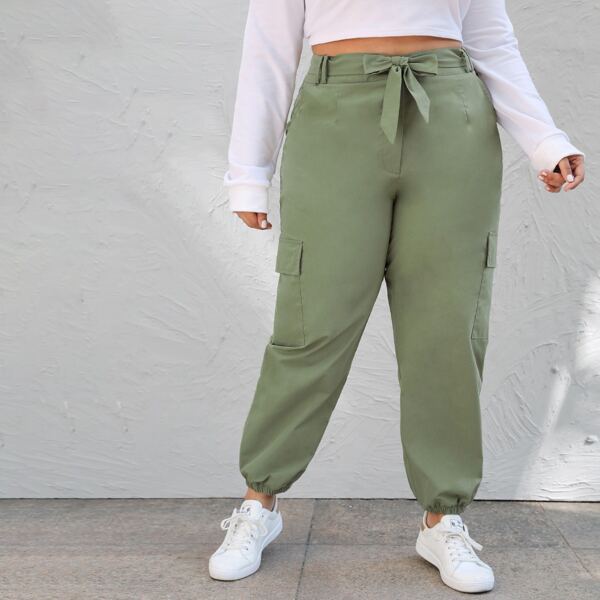 Plus Flap Pocket Belted Cargo Pants, Mint green 
Plus Flap Pocket Belted Cargo Pants, Mint green