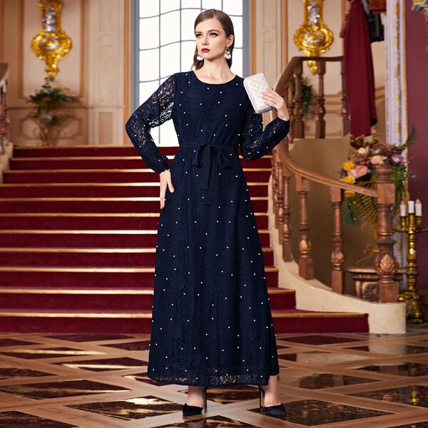 Lace Pearls Belted A Line Dress, Navy blue