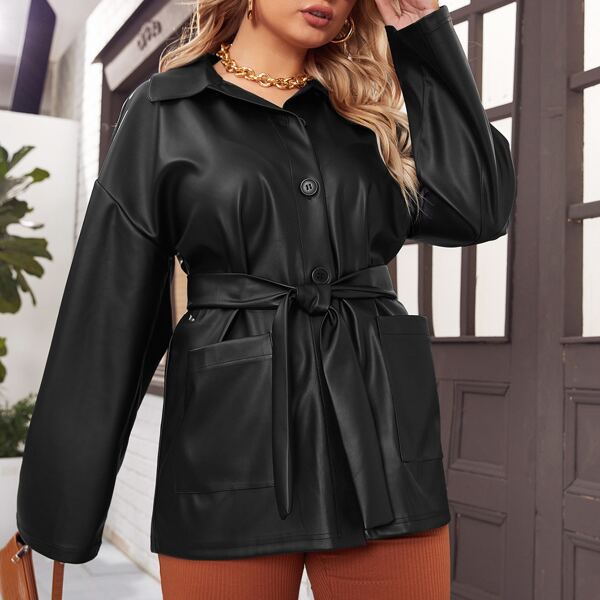 Plus Drop Shoulder PU Leather Belted Coat, Black