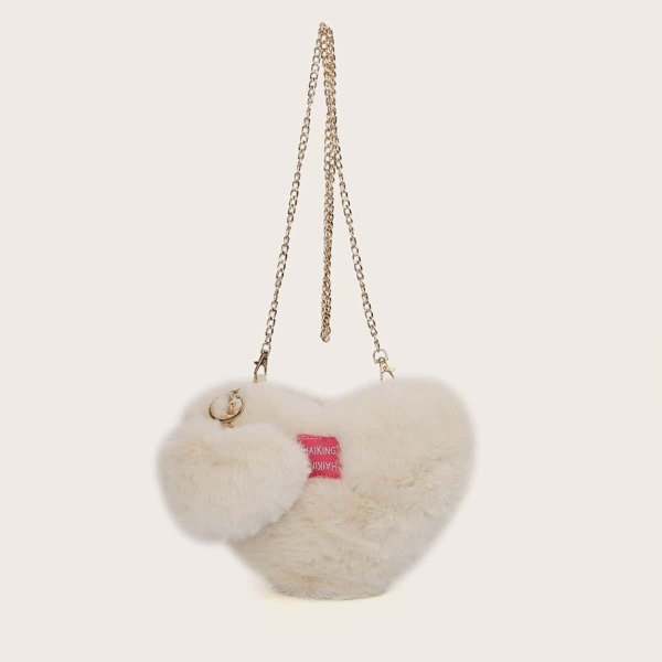 Letter Patch Heart Shaped Fluffy Crossbody Bag, Beige