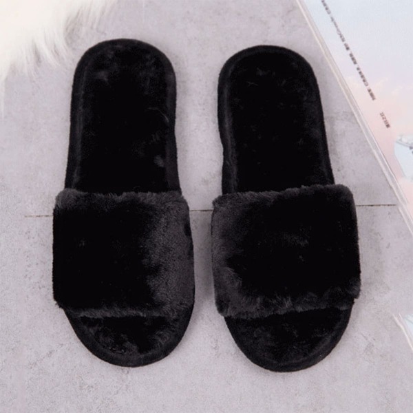 Open Toe Fluffy Slippers, Black