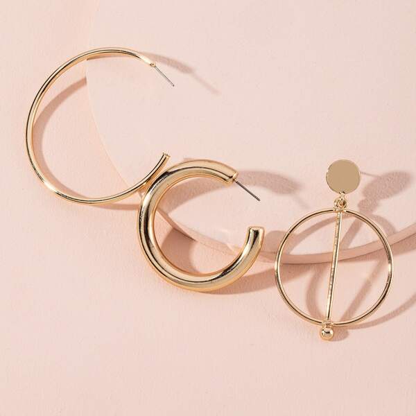 3pairs Solid Earrings Set, Gold