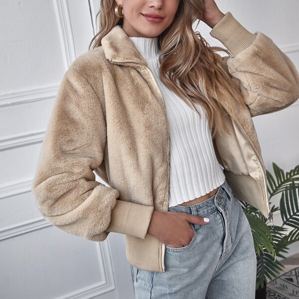 Zip Up Faux Fur Coat, Apricot