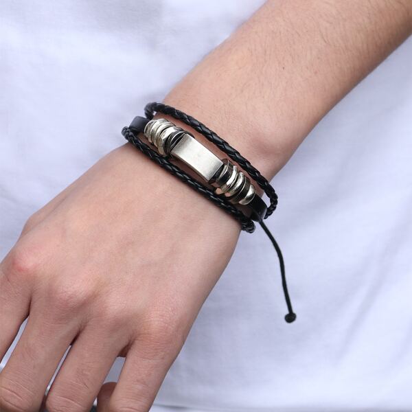 Men Metal Decor Braided Bracelet, Black