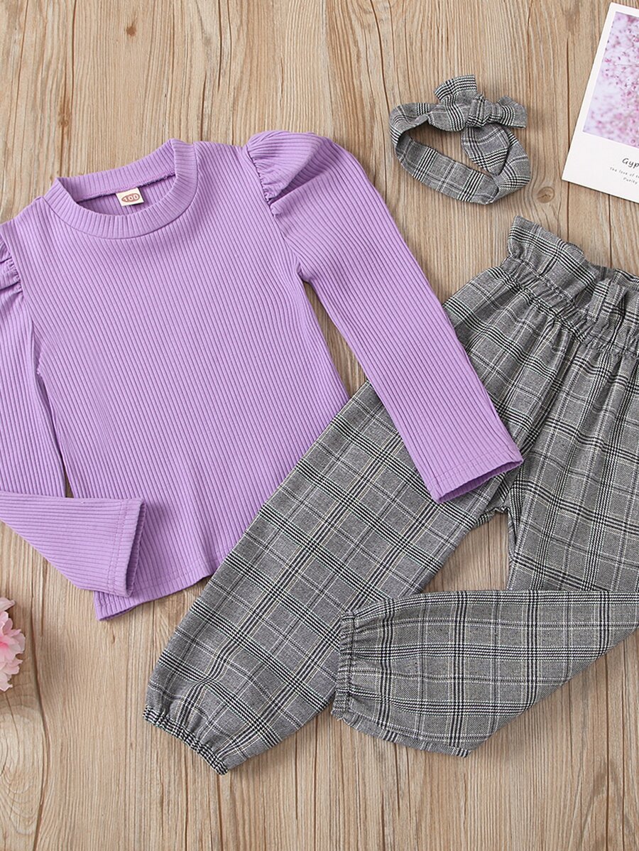 SHEIN Ensemble pantalon à carreaux et t-shirt à manches bouffantes & Bandeau
