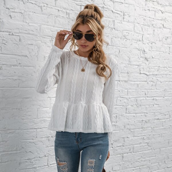 Cable Knit Solid Peplum Tee, White