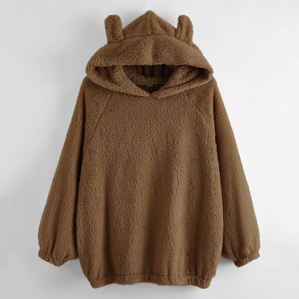 Plus 3D Ear Design Teddy Hoodie, Brown
