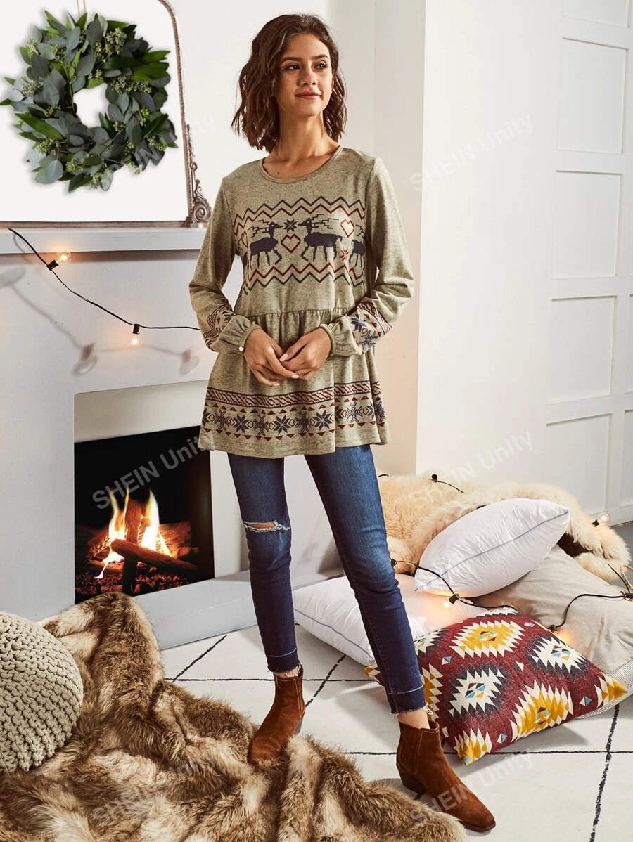 LUUKSE Keyhole Back Christmas Print Peplum Tee