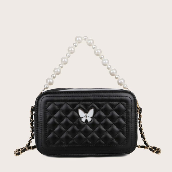 Faux Pearls Handle Quilted Satchel Bag, Black