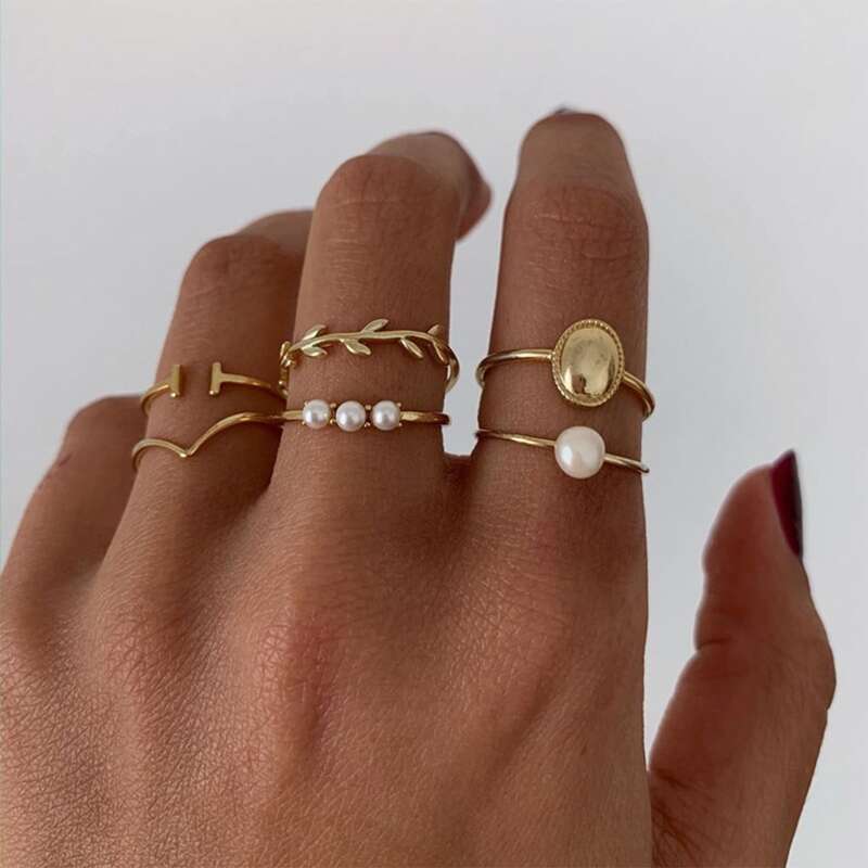 6pcs Faux Pearl & Leaf Ring, Gold 
6pcs Faux Pearl & Leaf Ring, Gold