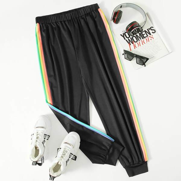 Plus Rainbow Striped Side Sweatpants, Black