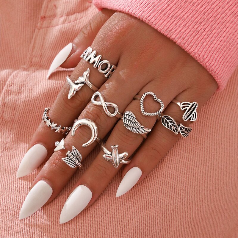 11pcs Leaf & Heart Ring, Silver 
11pcs Leaf & Heart Ring, Silver