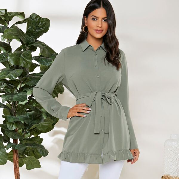 Solid Ruffle Hem Belted Blouse, Green