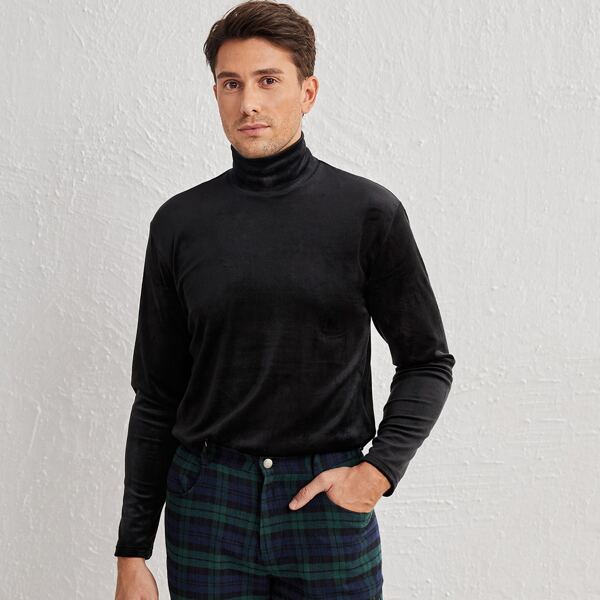 Men High Neck Velvet Top, Black
