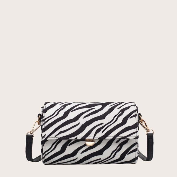 Zebra Striped Flap Crossbody Bag, Black and white