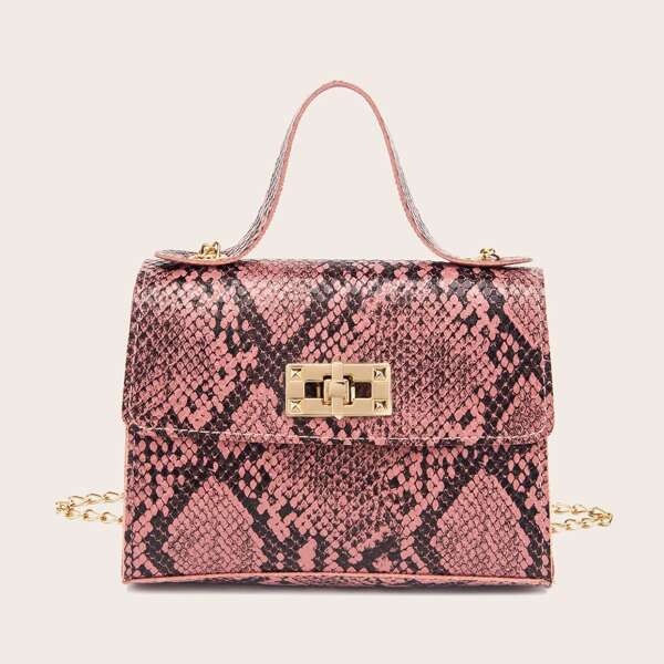 Metal Lock Snakeskin Print Satchel Bag, Purple