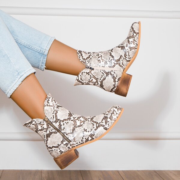 Snakeskin Block Heeled Boots, Apricot