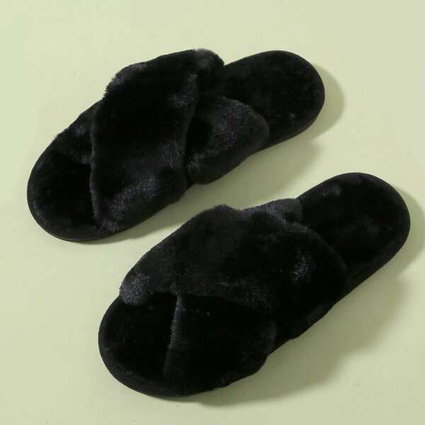 Minimalist Cross Strap Fluffy Slippers, Black