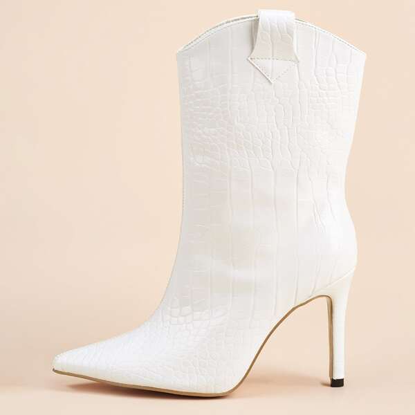 Croc Embossed Stiletto Heeled Boots, White