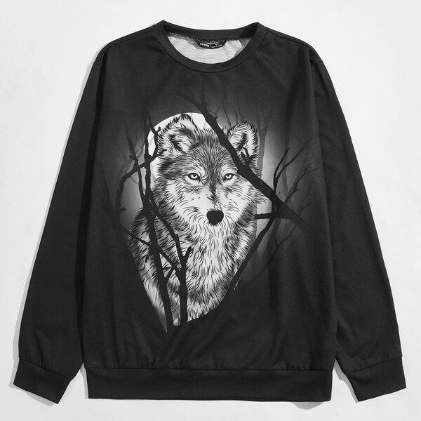Men Wolf Print Round Neck Sweatshirt, Black